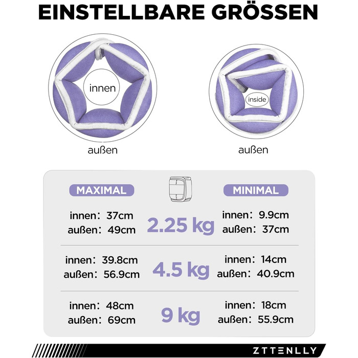 Важкі манжети на ноги та руки - Регульовані вантажні манжети для щиколоток/зап'ясть 0.45-9 кг, фітнес-ваги для дорослих та дітей, йога, біг, спортзал, фіолетовий 9 кг