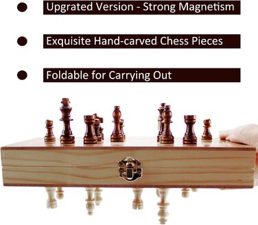 ASNEY Шахи магнітні дерев'яні, 12'x12', з розкладним полем, кейс та фігури для короля та королеви