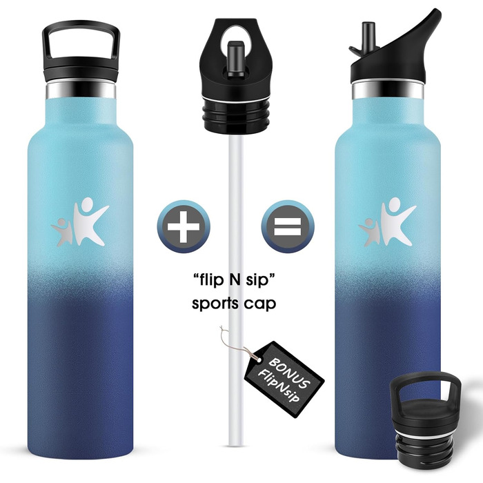 Термос-пляшка KollyKolla 750 мл, пляшка для води з содовою, витокозахисна, з трубочкою, без BPA, подвійні стінки, вакуумна ізоляція, для школи, подорожей, кемпінгу, блакитний + темно-блакитний