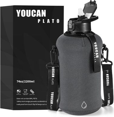 Спортивна пляшка для води Youcan Plato 2 л з трубочкою та чохлом, BPA Free, для газованої води, сіра, фітнес, спортзал