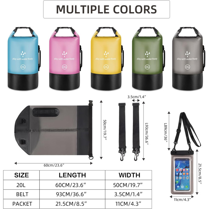 Водонепроникний мішок Drysack 20 л Roll-Top з кишенею для телефону – для каякінгу, човнів, походів, рафтингу, плавання, кемпінгу та риболовлі (Чорний)