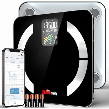 Розумна ваги для тіла з визначенням жиру, 22 показники складу тіла, міцна скляна платформа, 4 електроди, великий кольоровий дисплей, підключення до смартфону