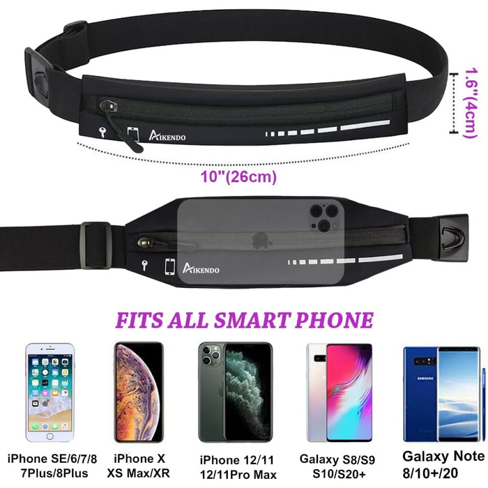Поясна сумка для бігу Slim Running Belt, тримач для телефону, чорна. Для жінок та чоловіків. iPhone 13/12 Pro Max.
