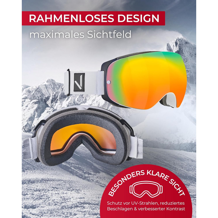 Лижна маска Black Crevice Unisex з безрамковим дизайном, захистом UV 400 та сферичними дзеркальними лінзами для сноуборду, біло-чорна