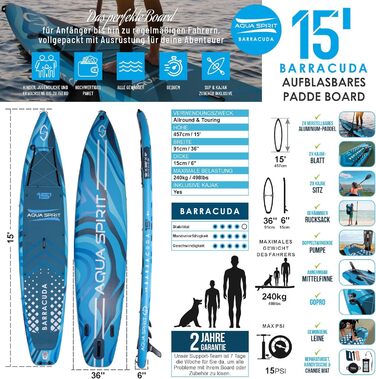 Надувна SUP-дошка Aqua Spirit 2024, комплект з веслом, рюкзаком і насосом, розміри 320x81x15 см / 457x91x15 см, для дорослих початківців та експертів, 2 роки гарантії