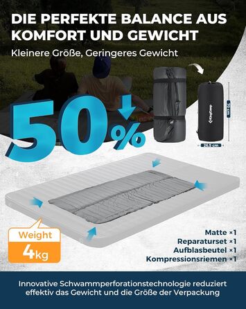 Каремат самонадувний KingCamp R-Wert 7.5-15.5 Super Komfort для кемпінгу (2 особи, сірий, 7.5 см)