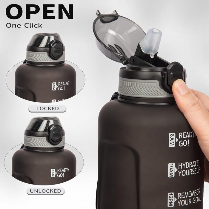 DEARRAY Тританова пляшка для води 2л з трубочкою та часовою розміткою, BPA-free, спортивна мотиваційна пляшка для фітнесу і тренажерного залу, чорна-біла