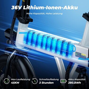 Складний електровелосипед Finbike 14/16 дюймів, 250Вт, акумулятор 7.8Аг, швидка зарядка, 3 режими швидкості, до 45 км, для дорослих і підлітків, біло-синій
