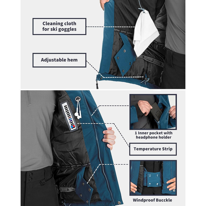 Чоловіча лижна куртка 33000ft: Водонепроникна, вітрозахисна, тепла, функціональна куртка для сноуборду та лиж. Softshell з капюшоном, колір: блакитний (S)