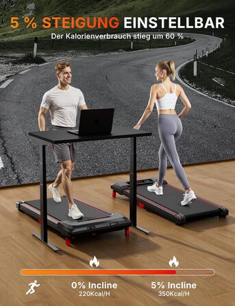 Біговий доріжка з нахилом 5%, компактна під стіл для дому та офісу, портативна бігове обладнання з LED дисплеєм, пульт дистанційного керування, вантажопідйомність 150 кг, 2.5HP, тихий двигун, чорний