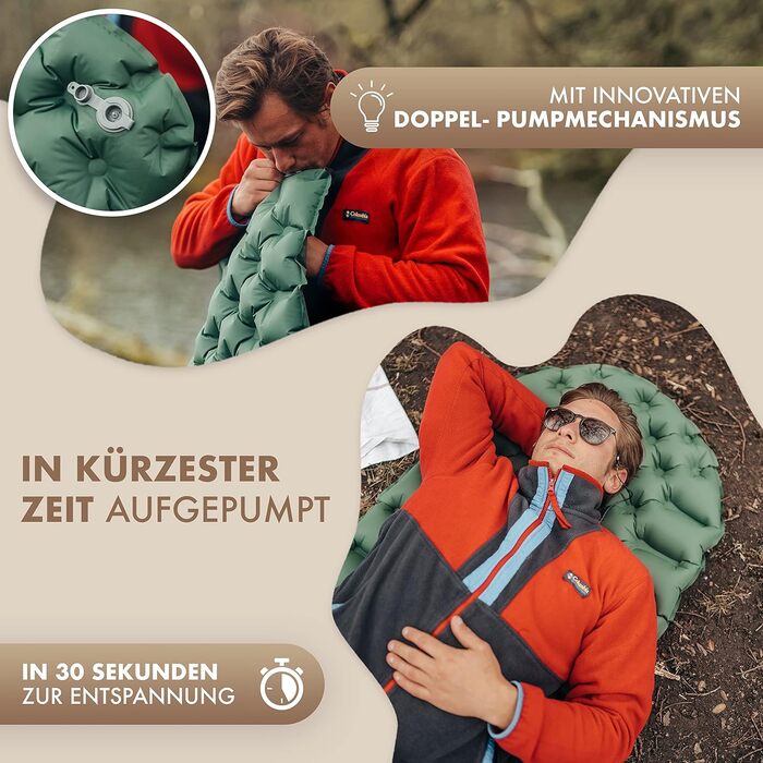 Килимок туристичний надувний NaturBummler® Cloud Nap+ (195x56 см) – для кемпінгу, трекінгу, фестивалів. Легкий, водонепроникний, компактний, зелений.
