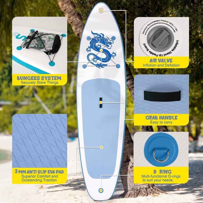 SUP дошка FunWater 320 см надувна, блакитна: з веслом, насосом, рюкзаком, лішем та плавниками – для початківців та досвідчених