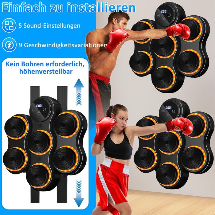 Yeelan Музичний бокс-машина для боксу на стіну з Bluetooth, LED підсвіткою, рукавичками для дорослих і дітей — тренування, зняття стресу