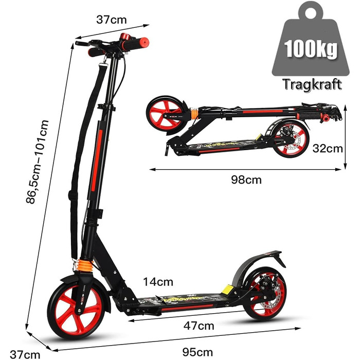 Самокат трюковий GYMAX, регульована висота, складний, з колесами 200 мм, подвійна підвіска, дзвінок та ремінь, до 100 кг, для дітей та дорослих (чорний)