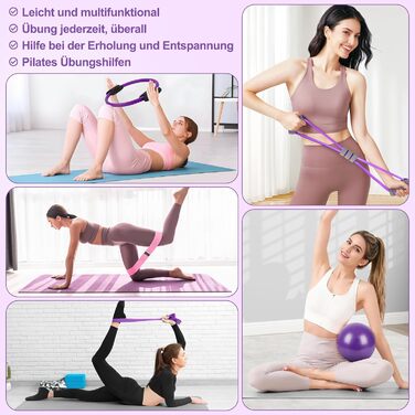 Набір для пілатесу: кільце, фітнес-м'яч, турнік для стегон, еспандер у формі 8, ремінь для йоги та стрейчингу. Фітнес-обладнання для дому. Колір: фіолетовий