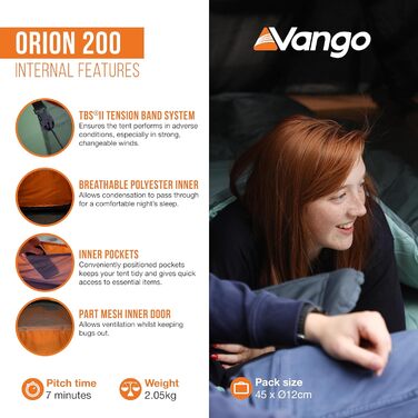 Намет Vango Orion 200 для 2 осіб, водонепроникність 5000 мм, алюмінієві дуги - кемпінг, альпінізм, хайкінг
