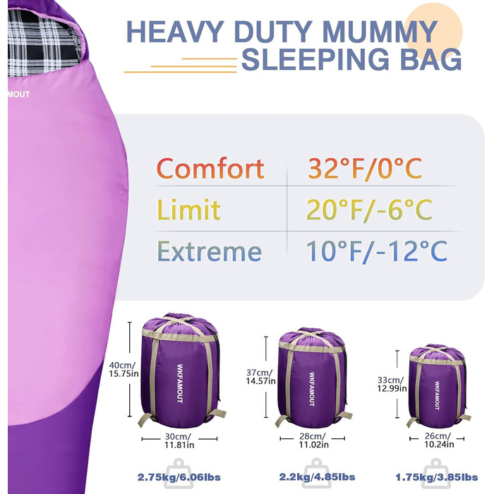 Спальний мішок WKFAMOUT Mumienschlafsack Outdoor -12°C-0°C, 500GSM, фліс, 3-4 сезони, для дорослих та дітей, для кемпінгу та подорожей
