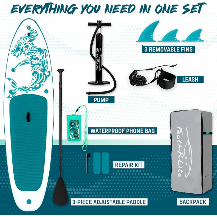 SUP дошка FEATH-R-LITE надувна, 3м, зелено-біла - комплект (весло, насос, рюкзак, ліш, плавники) для початківців та професіоналів