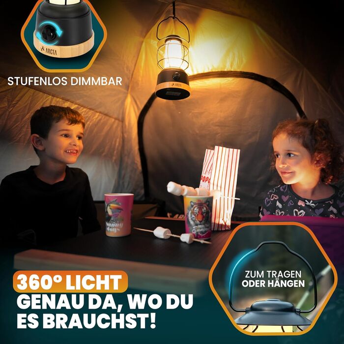 ARCTA® LED кемпінговий ліхтар на акумуляторі – ретро кемпінг ліхтар, IPX4 вологостійкий, димування 20-450lm – ліхтар для намету, саду, кемпінгу, LED Powerbank