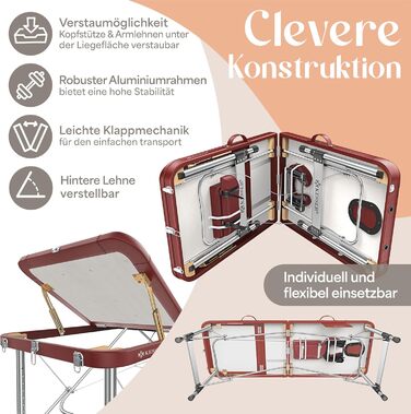 Масажне ліжко KESSER® з 3 зонами, до 250 кг, складане, регульоване, з аксесуарами (підголовник, підлокітники, сумка), для косметичних процедур та терапії, антиковзаюча поверхня, 61 см, Бордовий