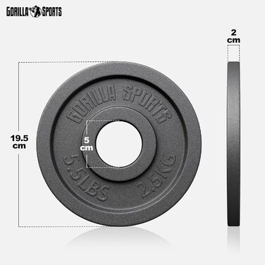 Олімпійські диски для штанги GORILLA SPORTS, чавунні, 1,25–30 кг, 50 мм, окремо чи комплект, для тренувань