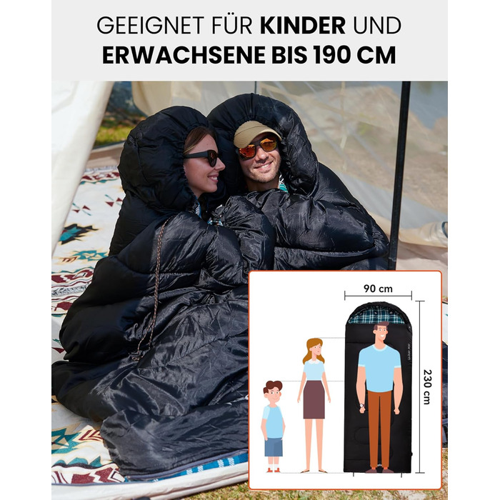Сплячий мішок KingCamp Flannel для дорослих, 4 сезони, ультралегкий, бавовна, теплий, ковдровий, водонепроникний, для кемпінгу та повсякденного використання, чорний, L, блискавка