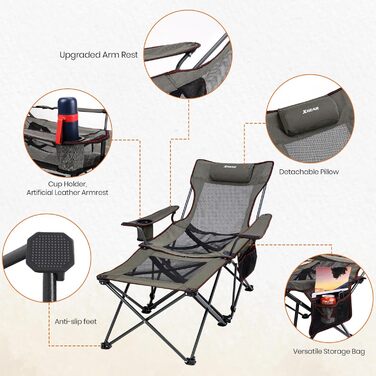 XGEAR 2-в-1 Кемпінговий стул: розкладний, для риболовлі, легкий, з підніжкою та підлокітником, 136 кг, Oxford-тканина