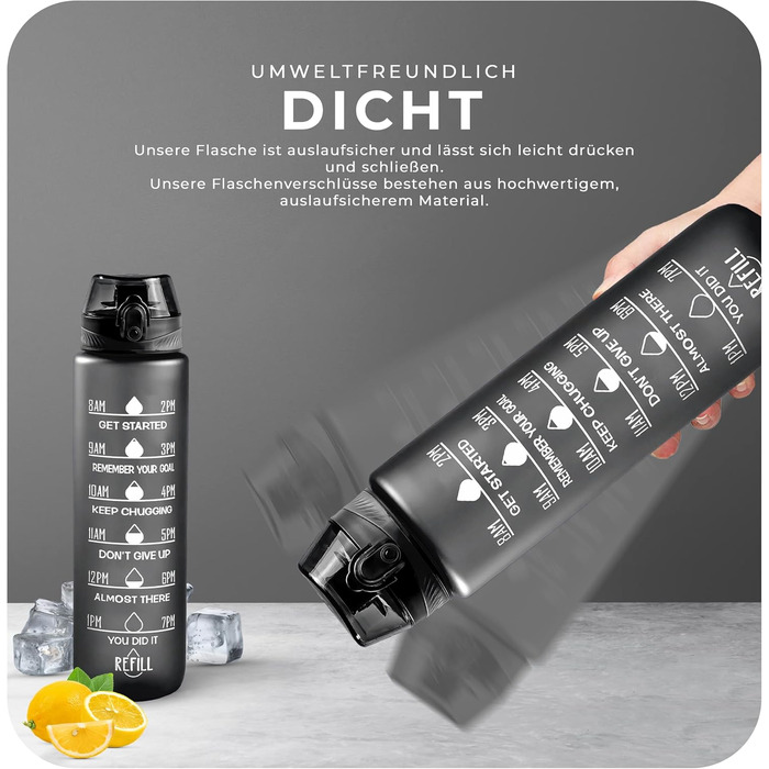 Фляга спортивна Roe Tenpo 1L, Tritan, без BPA, витримує миття в посудомийній машині, чорна