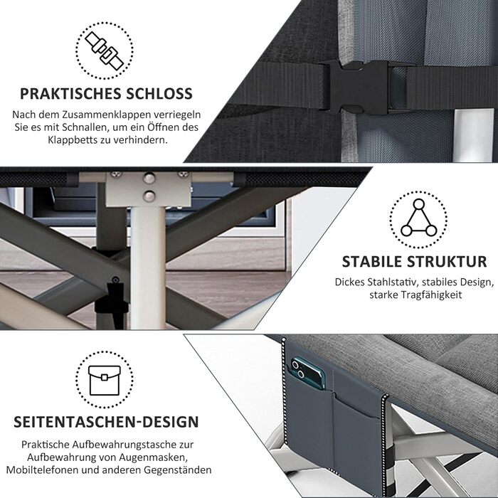 Кемпінгове ліжко Caliyo складне, з матрацом 200 x 80 x 40 см, до 200 кг, з мішком для зберігання, сірий