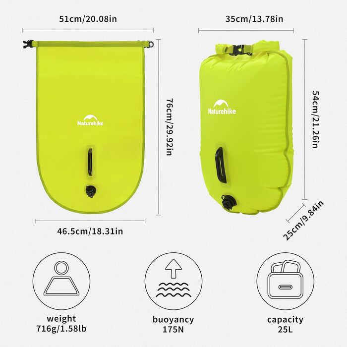 Надувна плавуча шина Naturehike 18L з двома повітряними камерами, водонепроникний мішок, пляжна сумка з регульованим поясом для плавання, жовта