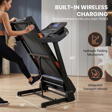 Бігова доріжка Aeriflo T500 Pro для дому: електрична, з нахилом 20%, швидкості до 20 км/год, ширина 51 см, складна, з App та бездротовою зарядкою, до 150 кг
