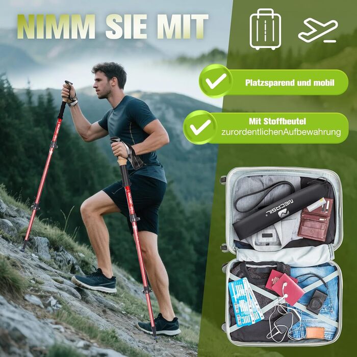 Телескопічні палиці для скандинавської ходьби з алюмінію, регульовані та складні, з корковими ручками для жінок та чоловіків, 62–135 см, червоні (Upgrade 2025)