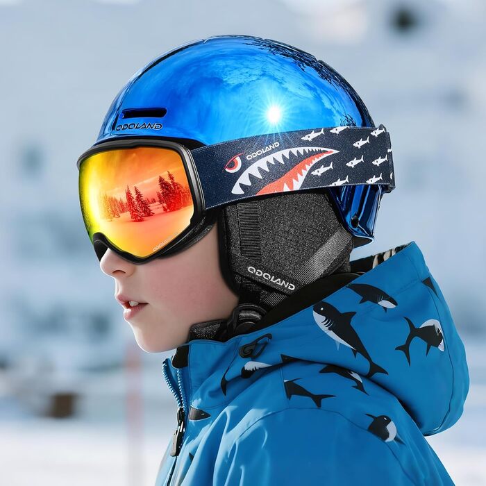 Дитячий гірськолижний шолом та маска Odoland, гірськолижний шолом для хлопчиків та дівчаток, регульований, з міцною PC-оболонкою та EPS-піною, дзеркальне скло (S (54-56 см))