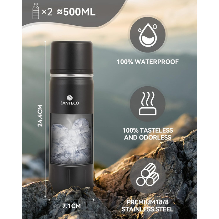 Термос SANTECO Thermoskanne 500 мл / 1 л, нержавіюча сталь, з чашкою, для дітей, спорту, кави, чаю. Ізотермічний, BPA-Free, 24 год холод/12 год гаряче, чорний