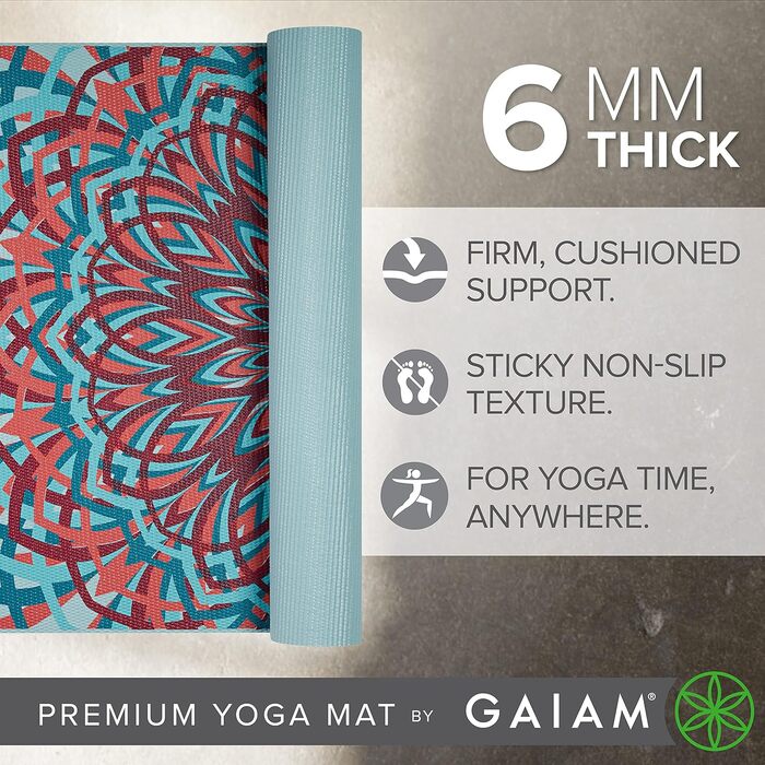 Килимок для йоги Gaiam Premium 6 мм з малюнком - товстий, нековзний, для йоги, пілатесу та фітнесу (172 x 61 x 6 мм)