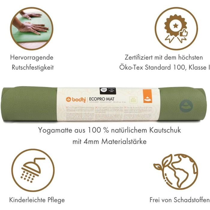 Йога-мат Bodhi ECO PRO 100% натуральний каучук, екологічний, антиковзкий, професійний для йоги та пілатесу, 185x60x0,4 см, зелений