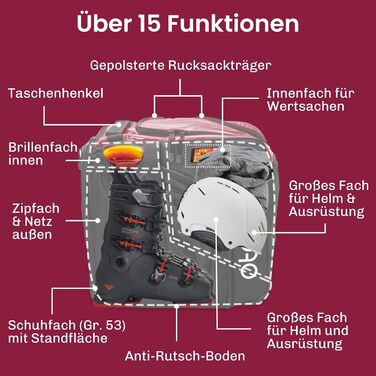 Чохол для лижних черевиків Otaro з відділенням для шолома | Сумка для лиж, шолома та аксесуарів | Водонепроникний, міцний | Комплект (57L + XL для 2 пар лиж), Червоний