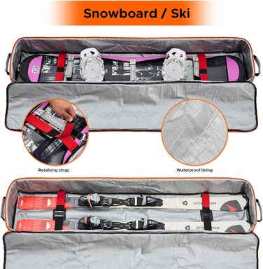 Чохол для сноуборду XCMAN для подорожей літаком – повністю м'який, водонепроникний, для сноуборду та черевиків (сірий, 158 см)