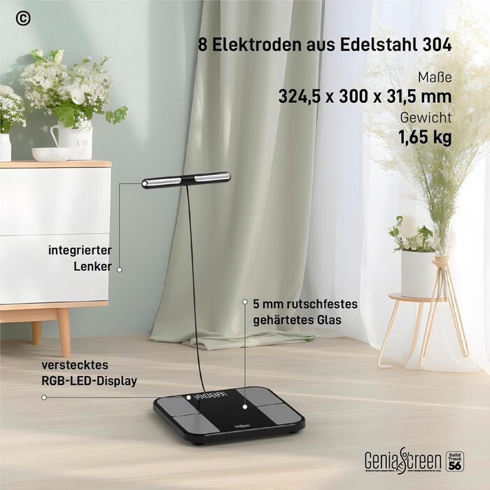 Вага для вимірювання жиру в тілі GeniaScreen SolidTrack - розумна вага з Bluetooth, LED-дисплеєм, 56 вимірювань, 180 кг, скло