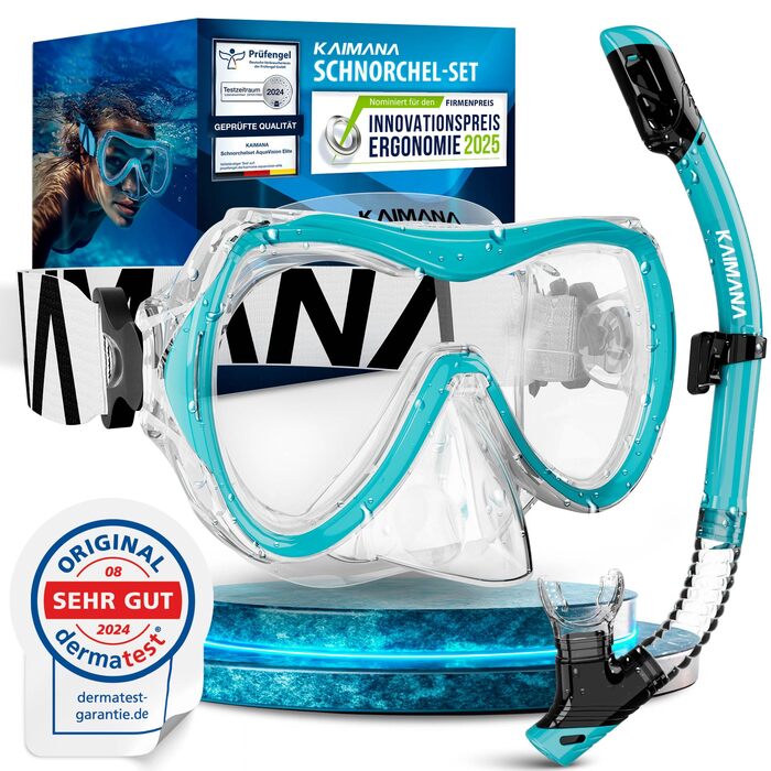 Комплект для снорклінгу Kaimana AquaVision Elite для дорослих з сумкою: маска, трубка, комфортний ремінець (Прозорий/Бірюзовий)