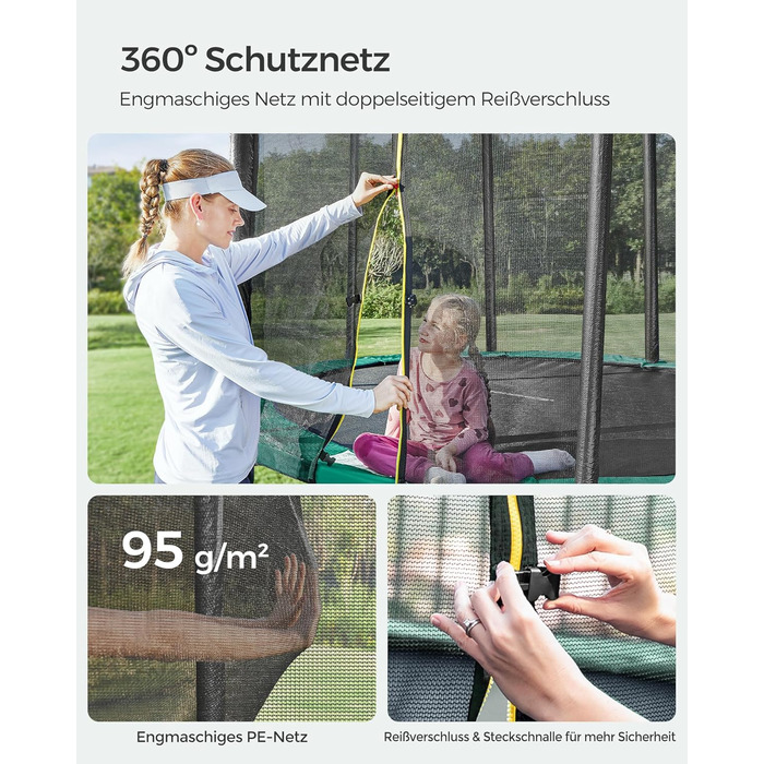 Трамплін SONGMICS Outdoor Ø 183/244/305/366/427 см, круглий, для саду, з захисним покриттям, сіткою, сходами та м'якими стійками (366 см, Зелений)