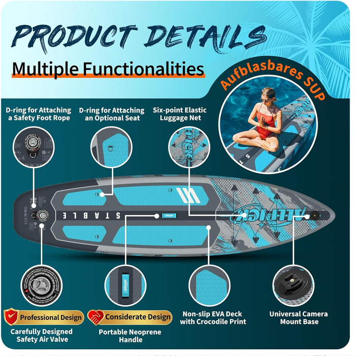 Надувний SUP Борд ALLPICK Premium Set: Комплектація для початківців та просунутих, з камерою, регульованим веслом, 200 кг, колір: ошм'ятково-блакитний