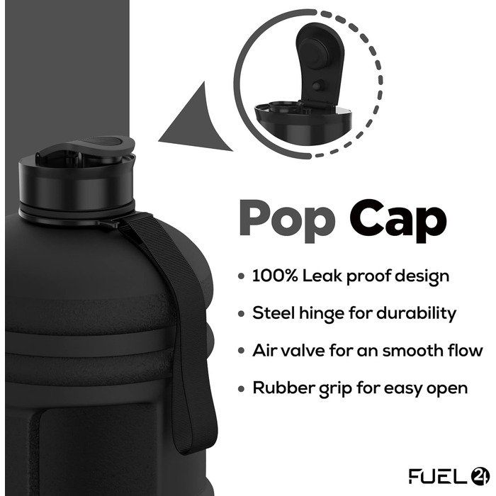 Спортивна пляшка для води Fuel24 на 2,2 л з кришкою Pop-up або трубочкою, велика ємність, без BPA, чорна