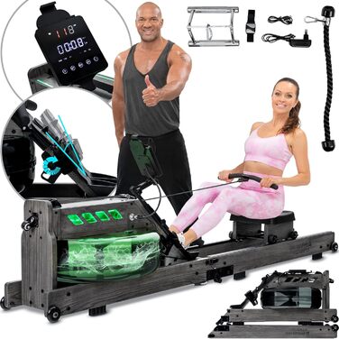 Гребний тренажер Miweba Sports MR700 Pro для дому, водний, складаний, дерев'яний, з Bluetooth, LED-резервуаром, сумісний з Kinomap
