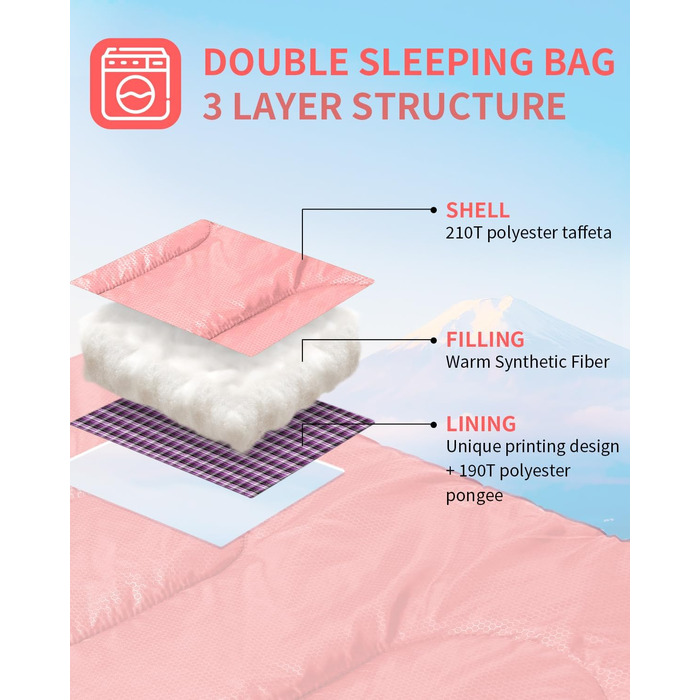 Сплячий мішок Outdoor Sportneer для двох осіб: спальний мішок 2.75 кг для дорослих, 3 сезони, 220x150 см, з 2 подушками (без фланелевої підкладки), рожевий