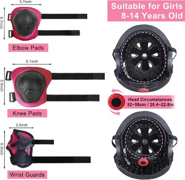 Дитячий шолом Kinder для дівчаток 8-14 років з повним захистом (шолом, наколінники, налокітники), чорно-рожевий, розмір M (52-58 см)