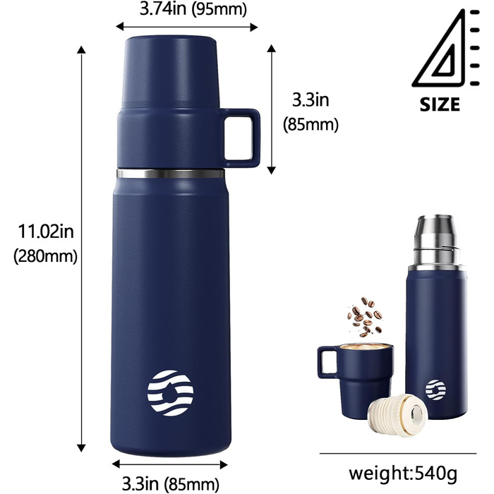 Термос 850 мл із чашкою для кави, герметичний, BPA-free, нержавіюча сталь, для дітей, спорту, школи, фітнесу, кемпінгу, глибокий синій