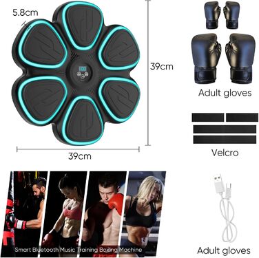 Музична боксерська машина Doramier з Bluetooth, LED-підсвічуванням та 2 парами рукавичок. 9 режимів тренування, підрахунок ударів, для дорослих та дітей. Чорний колір