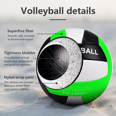 Волейбольний м'яч Dakapal 5, для гри в приміщенні та на вулиці, м'який, для початківців, підлітків та дорослих (без насоса), колір зелений