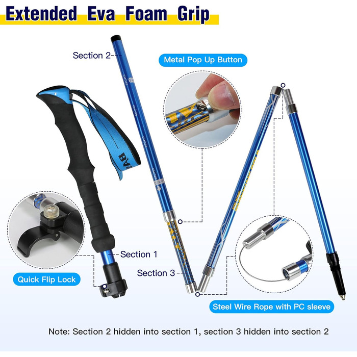 Трекінгові палиці HUGSEE - розкладні телескопічні палиці для Nordic Walking, легкі палиці для піших прогулянок 110-135см (2 шт.) блакитні